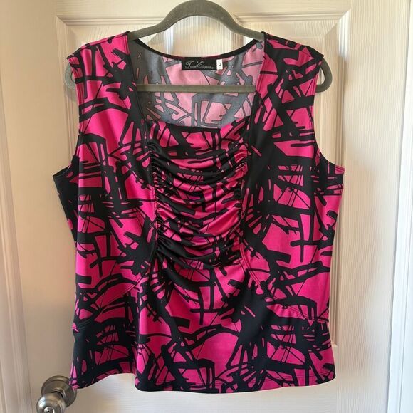 Travel Elegance Abstract Print Ruched Chest Sleeveless Blouse Black Pink Large - Picture 1 of 8